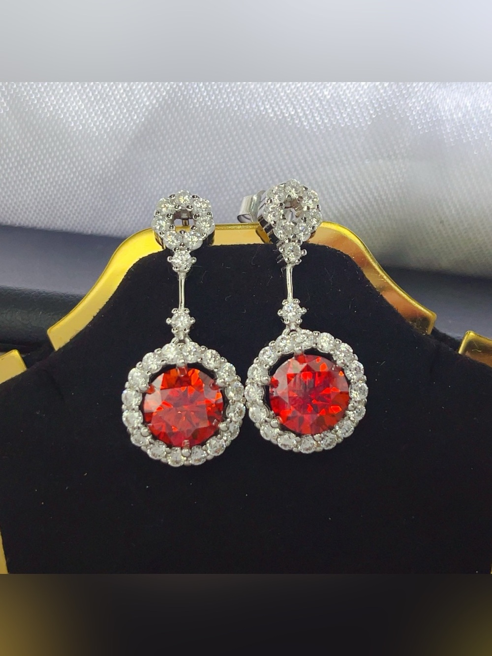 4 Carat Ruby Red Crystal Drop Earrings with Rhinestone Halo
